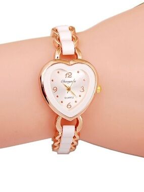 Anthropologie Rose Gold and White Heart-Shaped Bracelet Watch